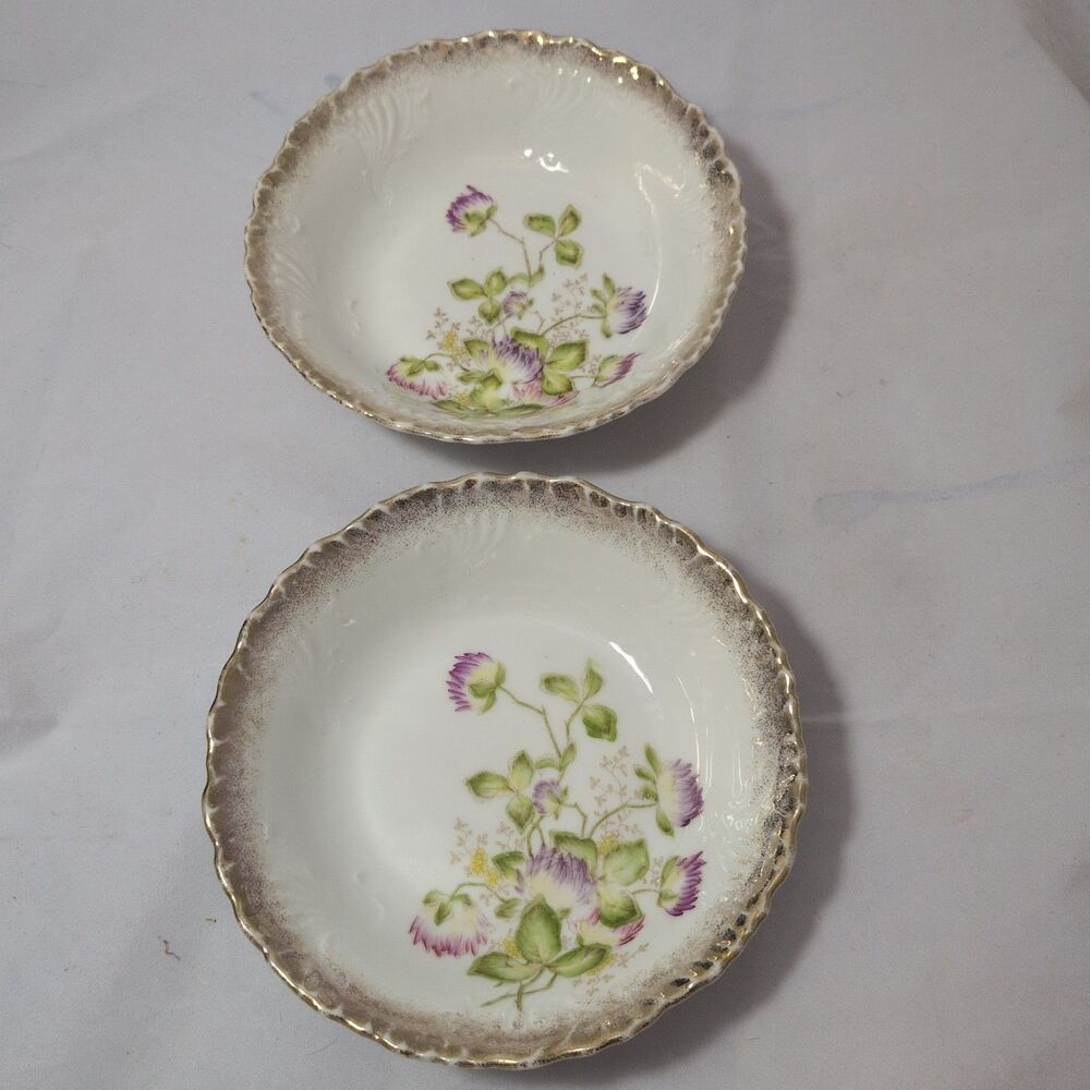 Antique Dresden Germany Porcelain Berry Bowls Purple Clover Flowers Gold Trim...